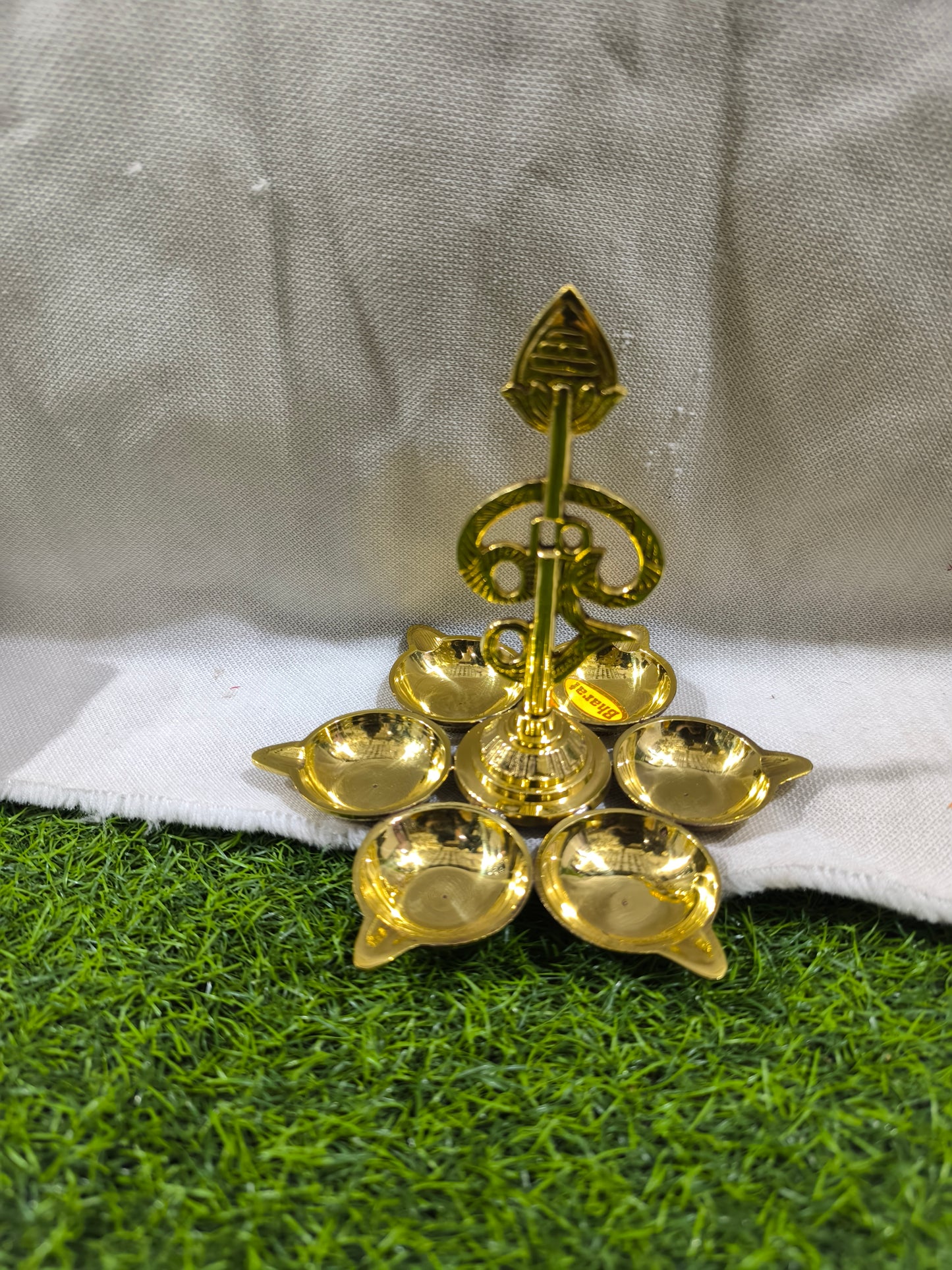 Brass Om Shankh Trishul Diya Stand (6-Wick Design)