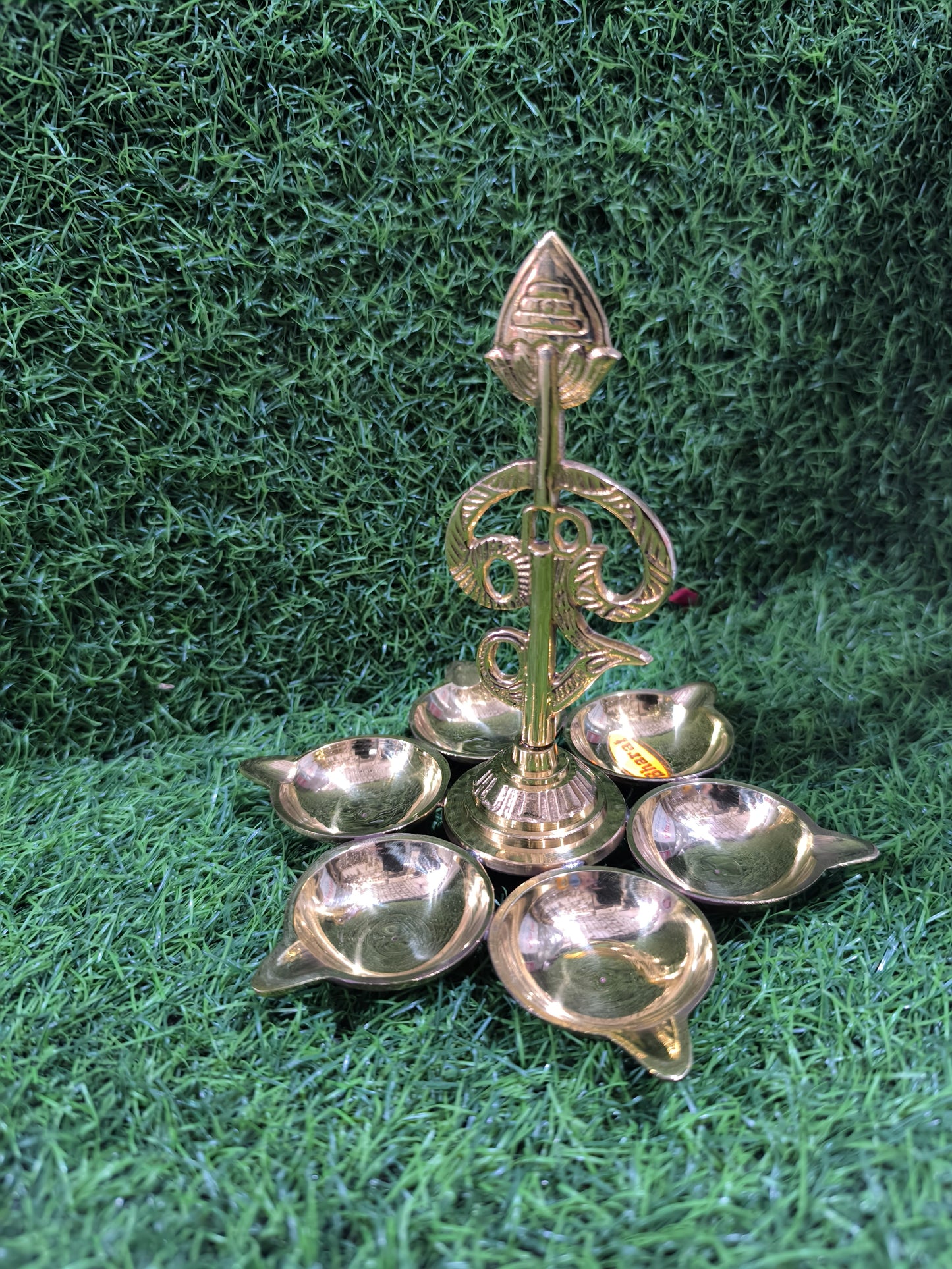 Brass Om Shankh Trishul Diya Stand (6-Wick Design)