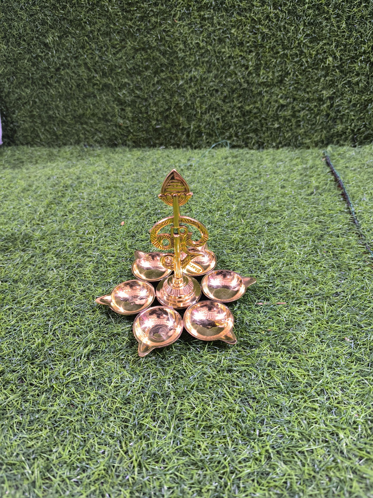 Brass Om Shankh Trishul Diya Stand (6-Wick Design)