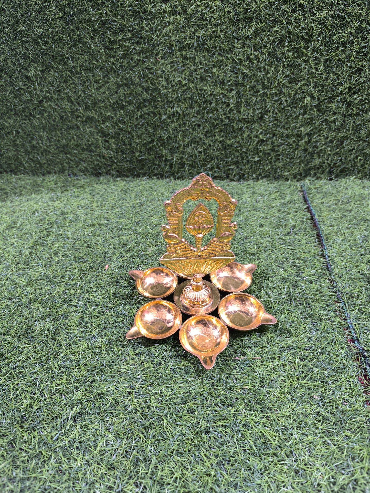 Brass Peacock Diya / Deepam with Om Motif (6-Wick Design)