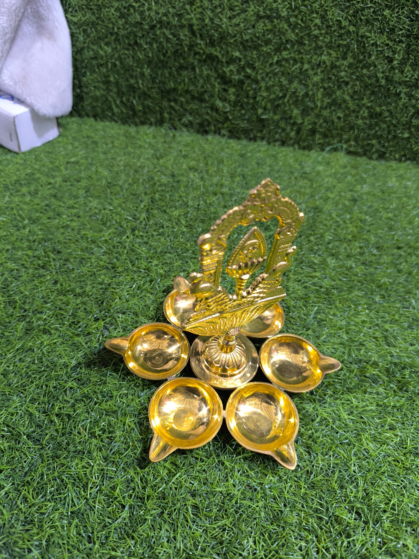 Brass Peacock Diya / Deepam with Om Motif (6-Wick Design)