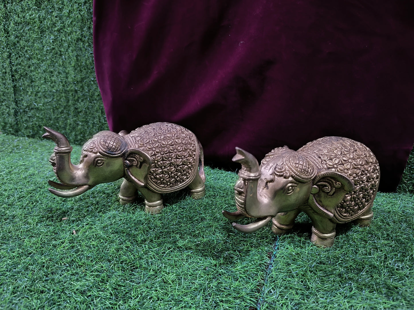 Engraved Brass Elephant Statue Pair
