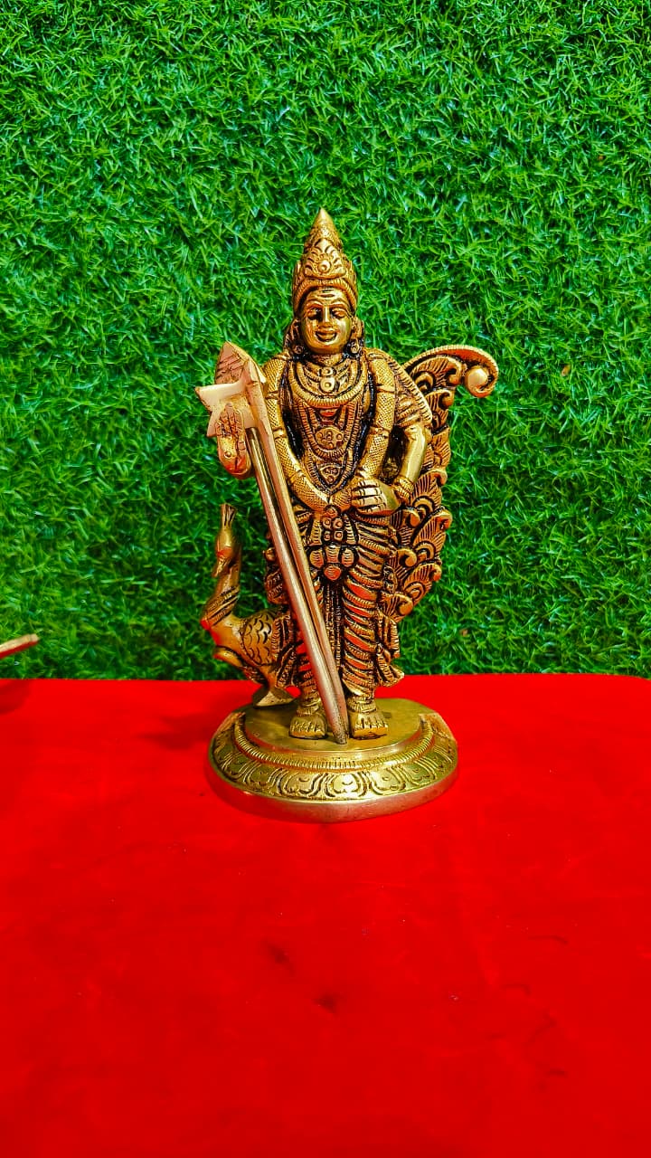 Lord Murugan Brass Idol (with Vel and Peacock)