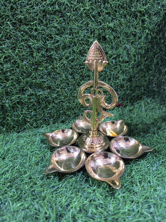 Brass Om Shankh Trishul Diya Stand (6-Wick Design)