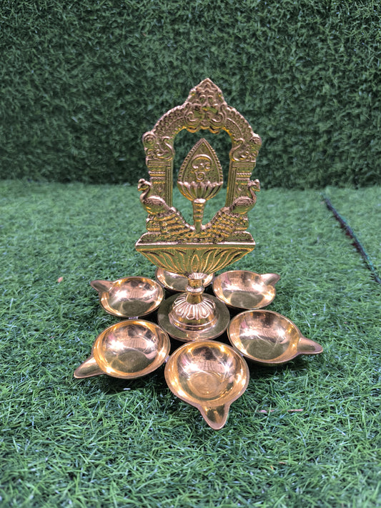 Brass Peacock Diya / Deepam with Om Motif (6-Wick Design)