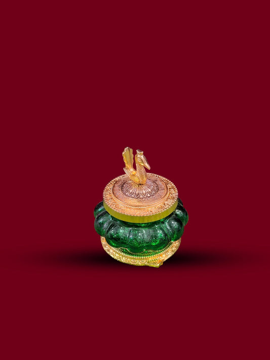 Brass & Green Glass Sindoor Box with Peacock Lid
