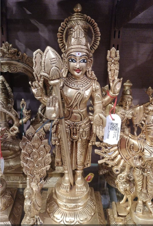 Lord Murugan with Vel and Peacock Brass Statue