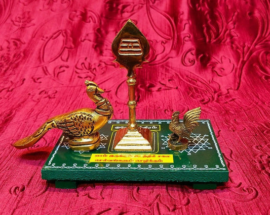 Brass Vel with Peacock & Rooster Set – Lord Murugan Symbolic Idol